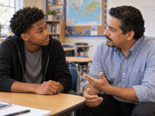 Teacher and student engage in meaningful conversation using shared language for positive youth development.