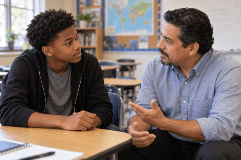 Teacher and student engage in meaningful conversation using shared language for positive youth development.