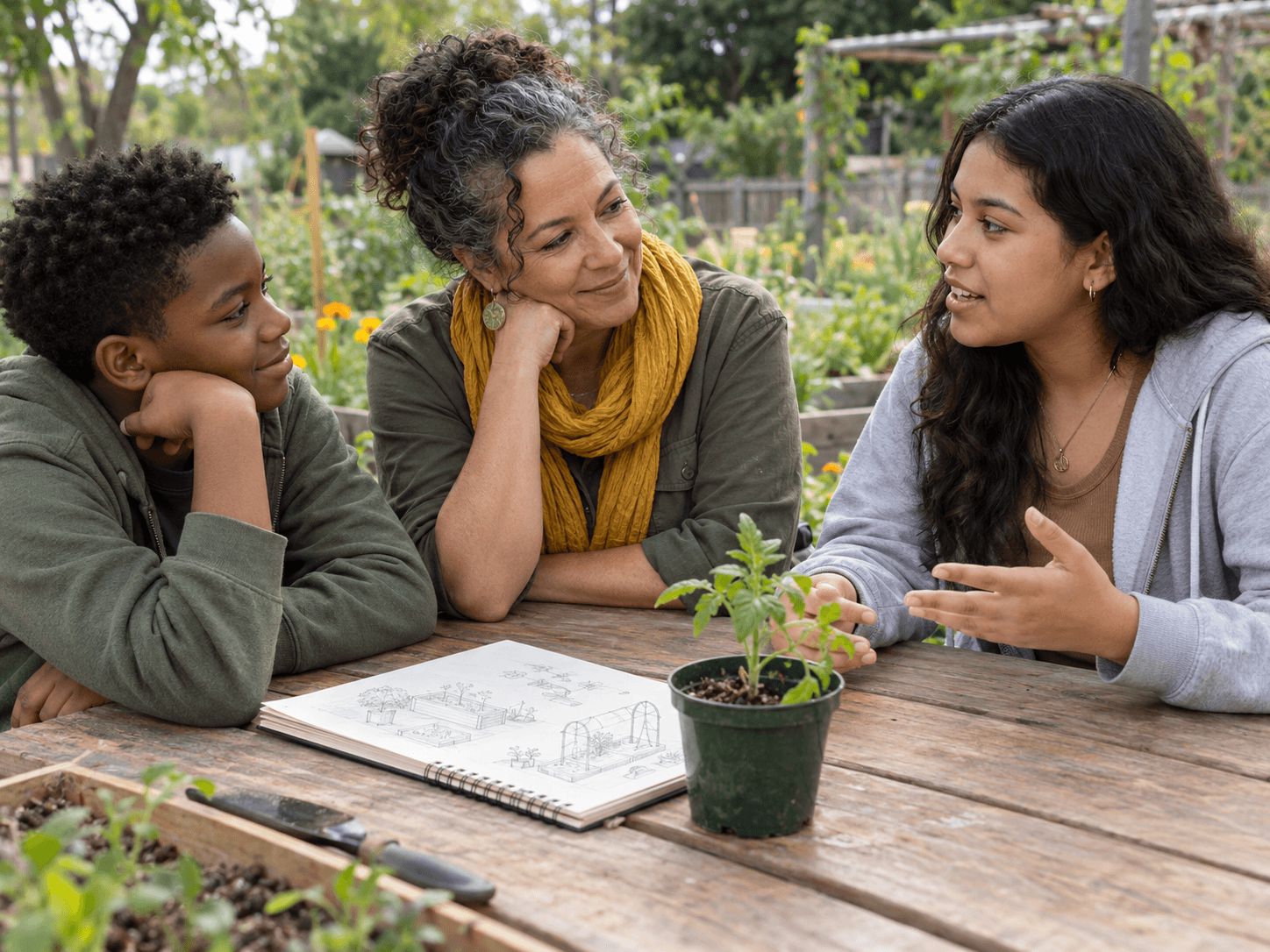 An adult mentor listens as two young people discuss a community garden project.